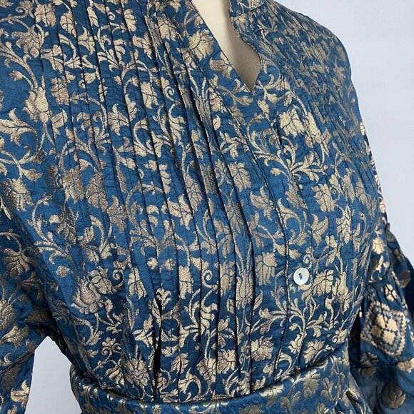 Pep's Cannes Versailles Mini Dress Jacquard Blue Teal Gold Belt Pleated Ruffled - Picture 9 of 16